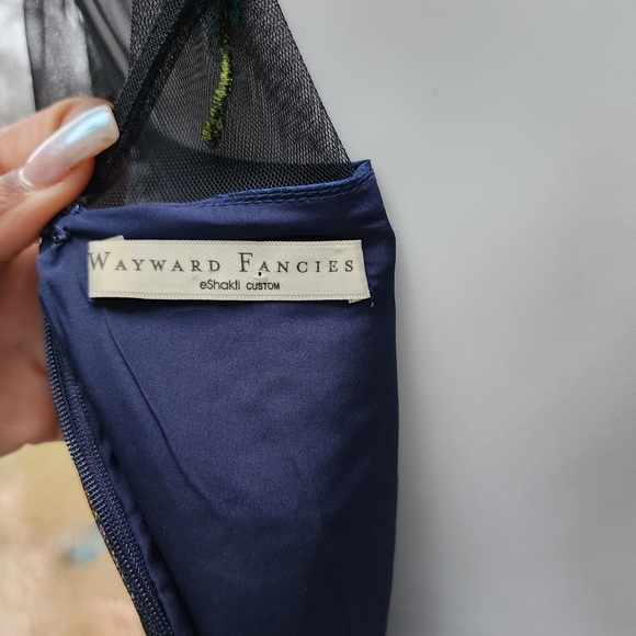 Wayward Fancies Floral Embroidery Black Sheer Tiered Tulle & Blue Dupioni Dress - Picture 14 of 16